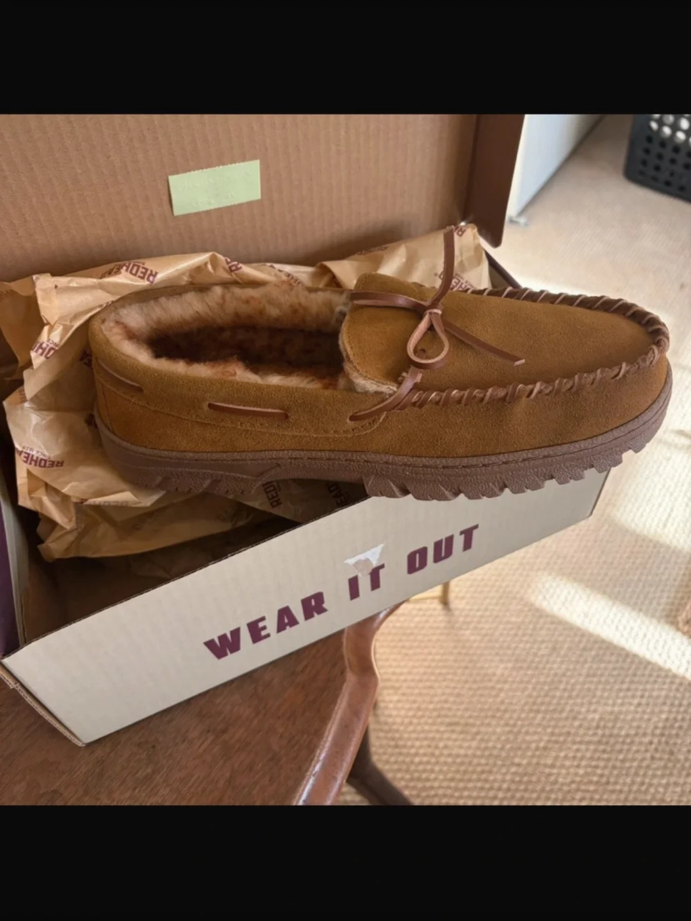 RedHead Chestnut Brown Suede Shearling-Lined Moccasin Slippers - Picture 1 of 4